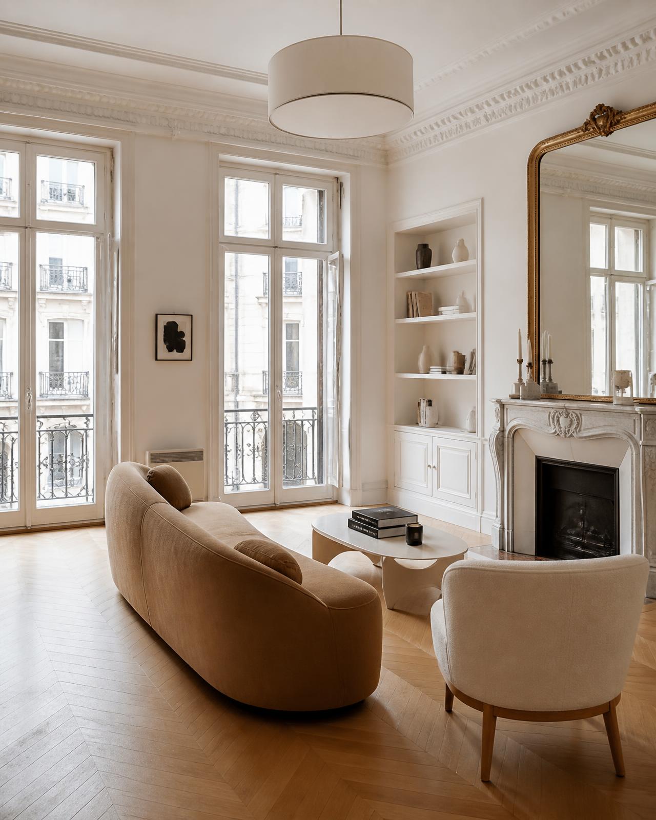 Séjour lumineux d'un appartement contemporain haussmannien à vendre